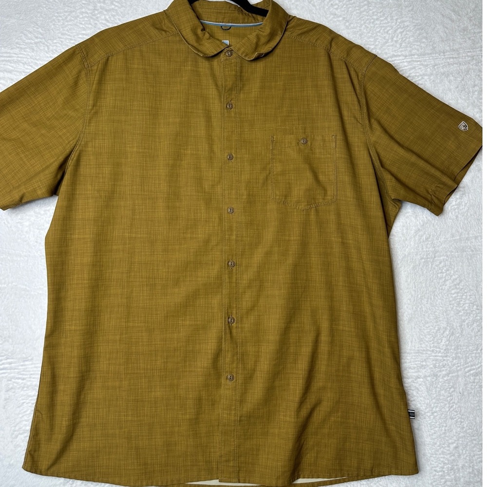 Kuhl Mens XL Short Sleeve Button Down Shirt Mustard Yellow Ochre Outdoor Hiking